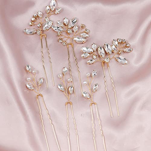 6 Pieces Bride Hair Pins Rhinestones Gold Hair Accessories for Women Crystal Wedding Hair Piece for Bride Women Girls Bridesmaids (Gold) - color: Gold
