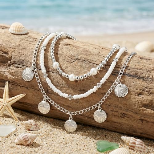 Boho Beads Beach Layered Anklet Set for Women, Handmade Gold Starfish Pearl Shell Anklets Summer Ocean Accessories Jewelry Gift - color: SShell