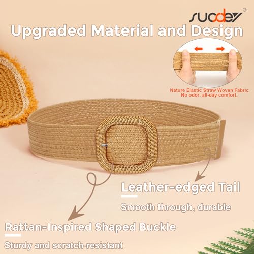 SUOSDEY Straw Woven stretchy Waist Belt for Women Dresses,Wide Boho Braided Elastic Belt with Round Buckle - color: 02-camel Square, size: Fits waist from 38"-42"