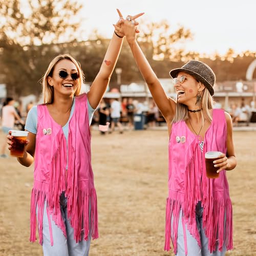 60s 70s Outfits for Women Hippie Costume Clothes Set 70s Costume Tops Women Fringe Hippie Vest for Halloween - color: Pink Vest, size: Large