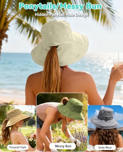 Rosoz Women Sun Hat with Ponytail Hole Wide Brim Bucket Hats UPF 50+ Beach Hiking Gardening Hat Water-Resistant Outdoot Hat - color: Navy Blue