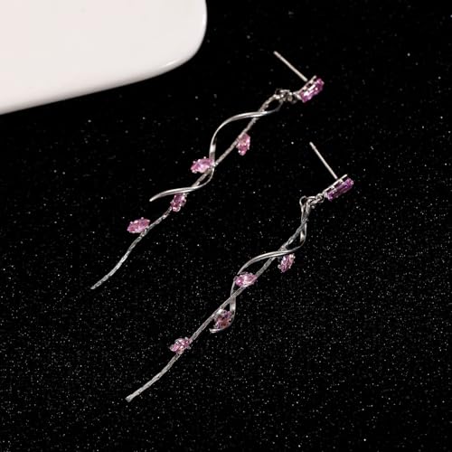 Temperament Long Zircon Tassel Earrings for Women Charm Jewelry Sparkling Crystal Leaves Twist Dangle Earrings for Friends - color: Silver-Pink Leaves