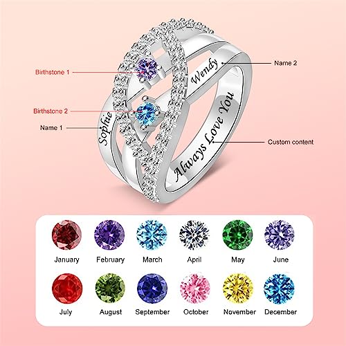 Personalized Name Family Rings Custom 1-6 Birthstones Mother's Rings Sterling Silver Promise Ring for Mother's Day Daughter Grandma Women - color: 2 Stones