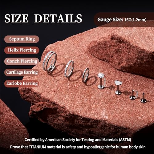 G23 Titanium 3PCS/7PCS 16G Cartilage Double-Hoop Helix Conch Piercing Jewelry With Cubic Zirconia Flat Back Stud Earrings Set For Women Men - color: A-7PCS-Silver-16G