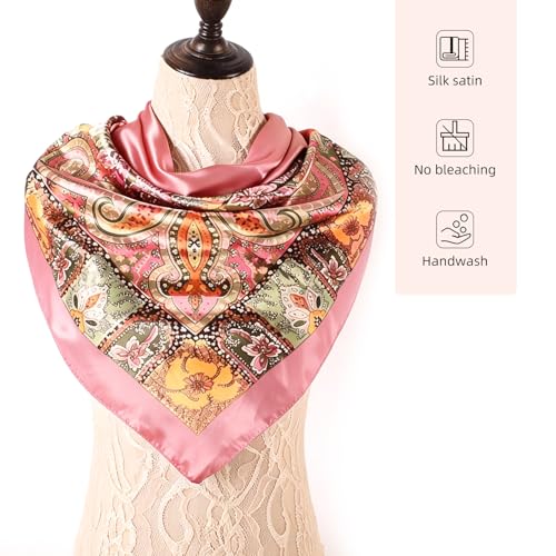 35 x 35 Women's Fashion Pattern Large Square Silk Like Hair Scarf Head Sleeping Wrap Satin Neck Bandana for Gift… - color: Big Cashew Pink