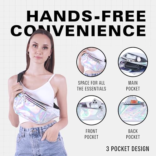 Holographic Fanny Pack Belt Bag | Waterproof Crossbody Bum Waist Pack - For Halloween, Rave, Hiking, Running, Travel (Silver) - color: Holographic - Silver