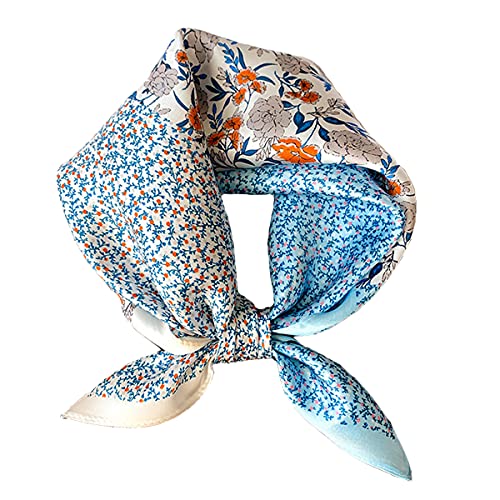 Aufeel Women's 100% Pure Mulberry Silk Small Square Scarf - Neckerchief Women - Silk Headscarf - 21" x 21" - color: Blue + White Floral