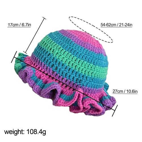 Handmade Crochet Bucket Hat for Women Boho Chic Slouchy Design Colorblock Ruffled Brim Festival&Daily Crochet Hat - color: Dopamine Color
