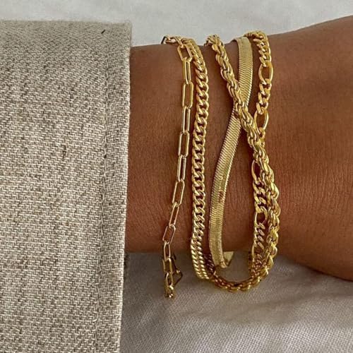 Alegend Titanium Steel (Not Rust, Resist Corruption, Easily Clean) 18K Gold Plated Single Bracelets + 14K Gold Plated Stackable Multilayer Bracelets - style: 14K Gold Plated Five-Layered