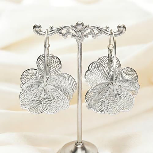 Gold Flower Statement Earrings for Women Boho Trendy Hoop Earrings Floral Dangle Petal Earring Prom Wedding Jewelry Gifts - color: A2:silver
