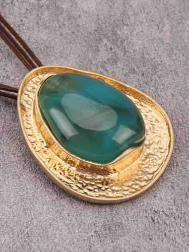 GelConnie Long Necklaces for Women Boho Large Pendant Necklace Casual Bohemian Brown Leather Choker Sweater Circle Statement Stone Necklace - style: Blue Leather Necklace