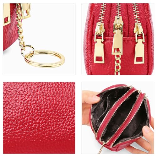 SENDEFN Small Coin Purse Leather 3 Zippered Change Pouch Wallet with Key Ring for Women - color: 1-Red