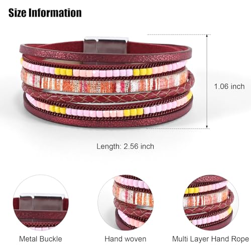 VIBILIA Boho Leather Wrap Bracelets for Women Multi-Layer Bracelets with Strong Clasp Jewelry for Women - color: 03-BohoBraid-Red