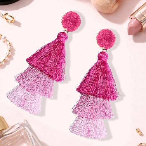Tassel Earrings for Women - Colorful Layered Tassle Dangle Drop Earrings - color: Pink Ombre