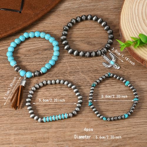 Western Turquoise Beaded Bracelet Stack - Vintage Cowgirl Stretch Set with Bull Skull, Feather & Boot Charms, Handmade Boho Jewelry for Rodeo, Country Concerts & Casual Western Outfits - style: Cactus