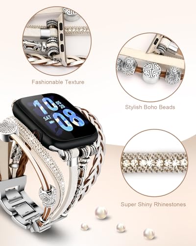 Compatible for Apple Watch Band 46mm Series 11/10 Women, Bling Beaded Boho Braided Bracelet for Apple Watch Ultra 1/2 49mm 45mm 44mm, Multilayer Wrap Leather Strap for iWatch Bands 9/8/7/6/5/4/3 - color: A-Silver White, size: 49/46/45/44/42mm(series 3/2/1