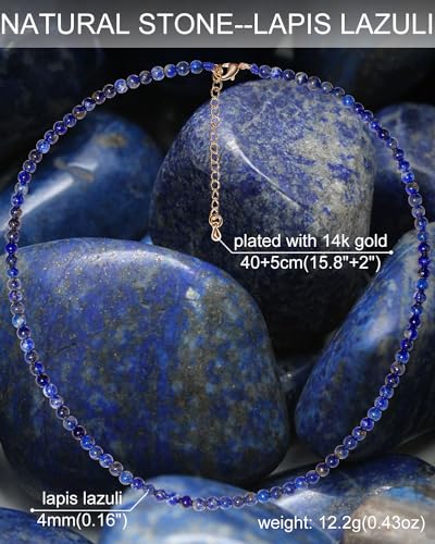 Simple Choker Necklace for Women Real Stone and Crystals Necklaces 4mm Beaded Choker Jewelry Meditation Gift for Women (16"+2") - style: Lapis Lazuli