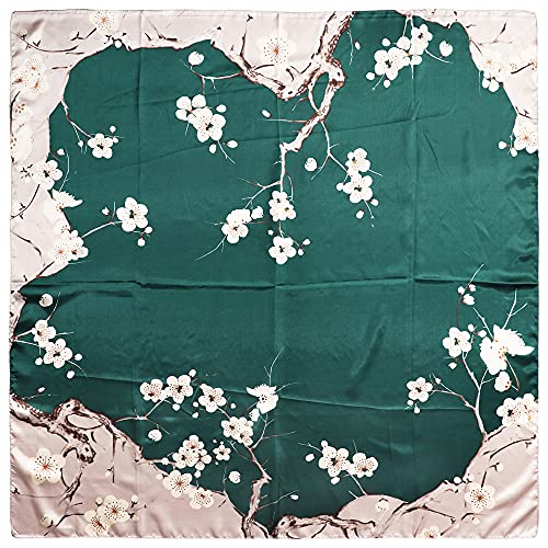 vabovin Satin Head Scarf for Women Silk Like Hair Scarf, 35 x 35 in | Silk Feel Fabric, Hair Wrap for Sleeping, Headscarf and Neck Scarf, Square Bandana Style, Fashion Accessory - color: 041 Gree Plum Blossom