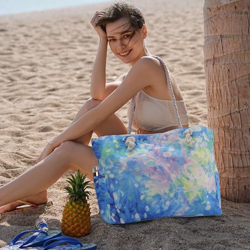 Clothirily Beach Bag for Women - Large Beach Tote Bag, Waterproof Sandproof Beach Bag with Zipper, Large Swim Pool Beach Tote - color: Tie Dye Blue