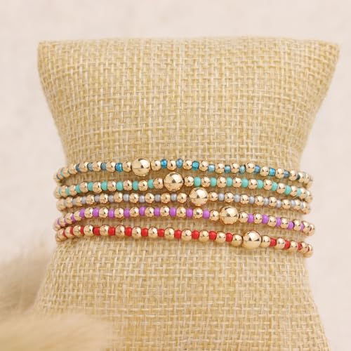 Gold Beaded Stackable Friendship Bracelets Set for Women, Handmade Boho Stretch Summer Jewelry Gift. - color: 0903B