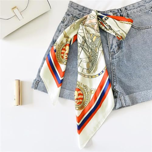 CHUNG Women's Scarf Hair Bandanas Square 27.5" Satin Wrap Fashion Pattern Scarves Emulation Silk Handbag Ribbons Necktie - color: Red Sailboat
