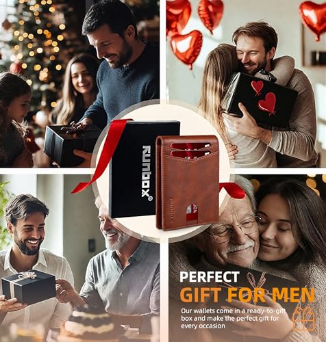 RUNBOX Wallet for Men -Slim Rfid Leather Mens Bifold Novelty Wallets 2 ID Window With Gift Box Men's Accessories | Slim - color: RETRO RED BROWN