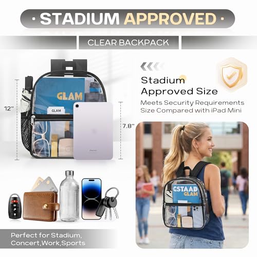 Oraben Clear Backpack Stadium Approved, Clear Bag 12 x 6 x 11 in, Small Transparent Backpack for Concerts, Sports Events, Festivals, Waterproof, Adjustable Straps, Women Men - color: Black, style: Enhanced Strap