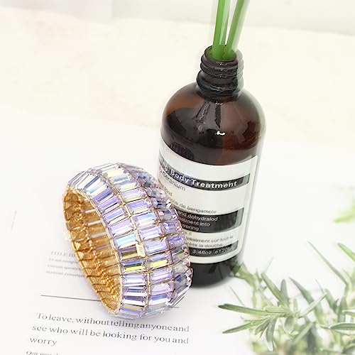 Women’s Wedding Bridal Crystal Leaf Flower Stretch Bangle Elastic Wide Bracelet Jewelry for Brides Bridesmaid - color: Style1-Violet-Gold Plated