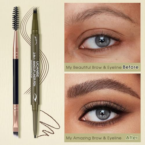 UCANBE Eyebrow Pencils for Women with Spoolie Brush, Dual-Ended Eyebrow Pen with 4-Fork-Tip & Gel Eyeliner, Microblading Brow Pen with Eyeliner Pencil + Brow Brush for Hair Like Brows, Dark Brown - color: Dark Brown with Brow Brush