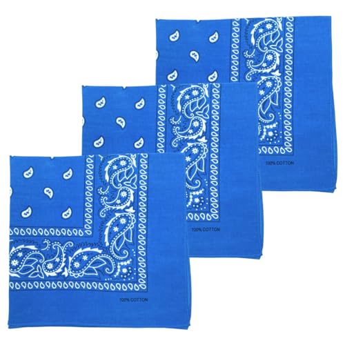 MDSTYLE 100% Cotton Bandana for Men & Women 22" x 22" Paisley Pattern Handkerchief Headband Scarf - color: Blue - 3 Pack