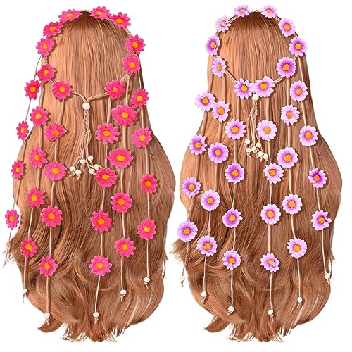 Sucrain 2pcs Flower Hippie Headband Floral Crown Summer Sunflower Hair Accessories for 70 s Bohemian Costumes Style for Women(Rose Red + Purple White) - color: Rose Red + Purple White