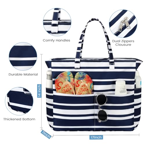 Trifabricy Beach Bags for Women Waterproof Sandproof Women Tote Bag, Large Beach Bag with Zipper for Gym Travel Vocation - color: Navy Blue