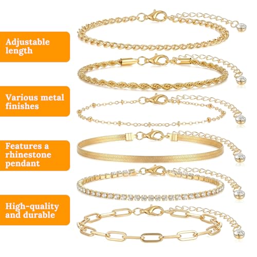 Tyqour 6PCS Ankle Bracelets for Women Gold Anklets for Women Waterproof Gold Women's Anklets Adjustable Size Dainty Summer Beach Jewelry Gift for Women Teen