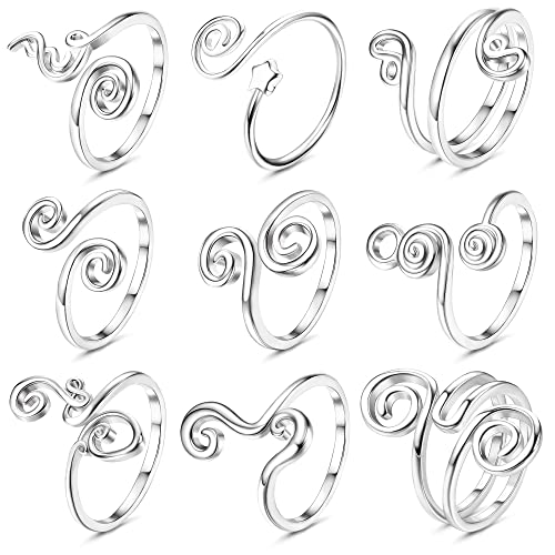 FIBO STEEL 9 Pcs Adjustable Toe Rings for Women Open African Toe Rings Summer Beach Foot Jewelry - color: Silver-tone