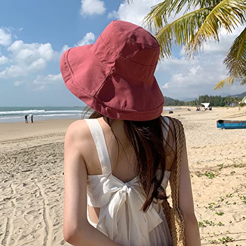 HUAMULAN Women Summer Sun Hat Wide Brim Wired Edge Floral Beach Bucket Hats Reversible Foldable Travel UV Protection Lady Hat - color: M1744-jiuhong