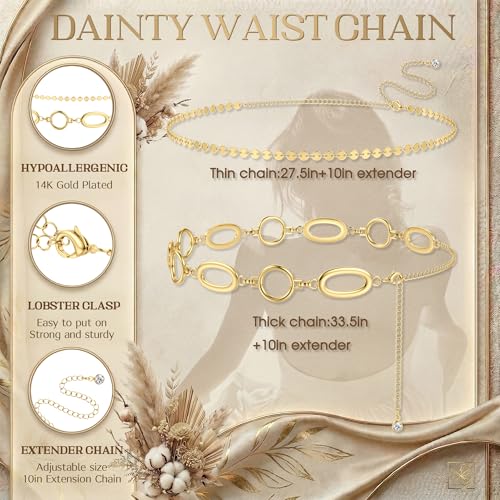 Florideco Waist Chain Belt for Women, Layered Belly Chain, Waterproof Boho Pearl Concho Cuban Body Chain, Adjustable Summer Beach Coachella Fashion Jewelry for Jeans Dresses - style: Gold Plated-Disc Chain