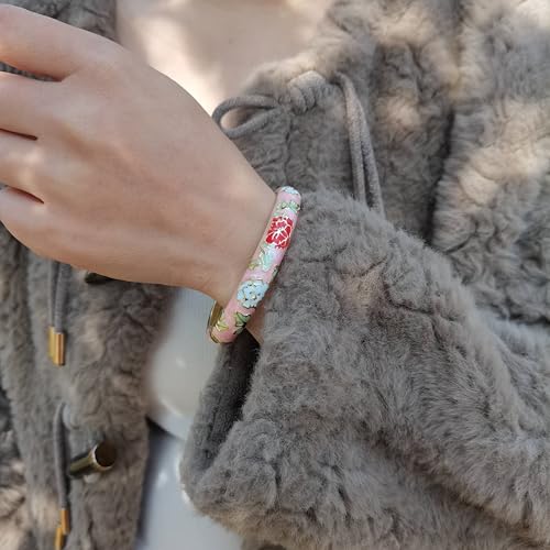 Vintage Flower Cuff Bangles Gold Plated Cloisonne Chinoiserie Peony Floral Elegant Bracelet Gifts For Women - color: pink