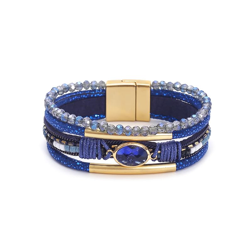 Boho Layered Bracelet for Women – Green Crystal Beaded Wrap Bracelet with Gold Clasp, Multi-Strand Hypoallergenic Statement Jewelry - color: Blue