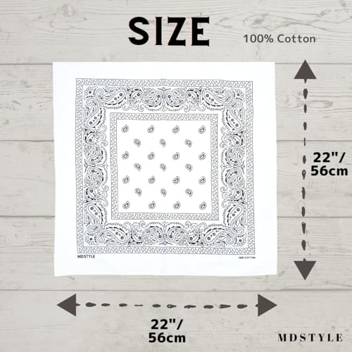 MDSTYLE 100% Cotton Bandana for Men & Women 22" x 22" Paisley Pattern Handkerchief Headband Scarf - color: White