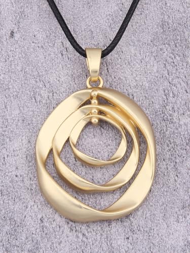 PU Leather Necklace Vintage Boho Style Multilayer Pendant Long Sweater Necklace Jewelry for Women Men with Adjustable Leather Cord - color: Gold Unique 3 Circles Statement Pendant