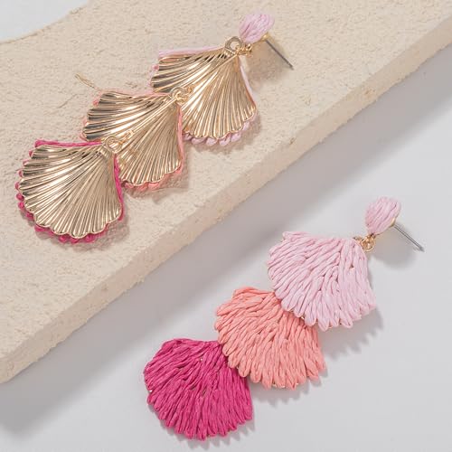 Boho Raffia Earrings Starfish Shell Seashell Dangle Drop Earrings Cute Statemnet Trendy Jewelry Summer Beach Outfits for Women - color: Pink, size: Shell