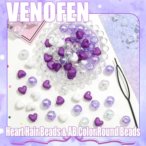 60PCS Purple White Heart Hair Beads for Braids AB Color Round Bead Loc Dreadlock Accessories Lovely Kids Girls Pony Beads - color: Purple&White