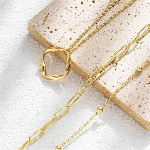 Women's Multi-Layered Gold Necklace, Stackable Delicate 14K Gold Plated Fashion Round Multi Layers Pendant Necklace, Gold Jewelry Set Gifts - color: Gold3