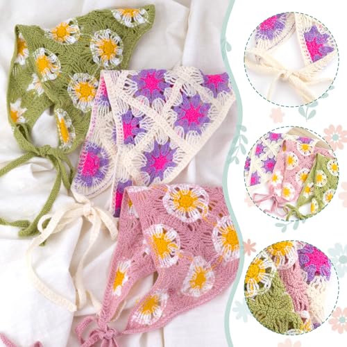3 Pcs Daisy Crochet Bandana, Cute Bandanas for Women, Flowers Crochet Head Scarf, Floral Head Scarf for Women's hair Styling Decor (Green, Purple, Pink) - color: Green, Purple, Pink-style4