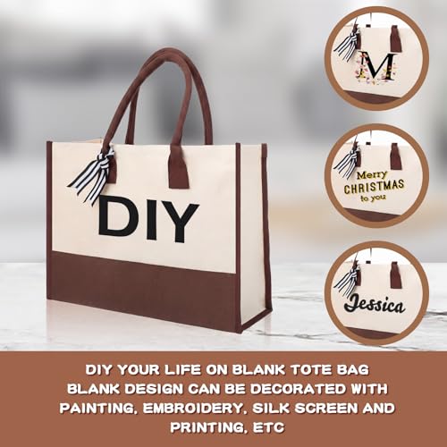Reginary 12 Pack Canvas Tote Bags Initial Classic Present Personalized Canvas Beach Bag for Wedding, Birthday, Beach(Brown and White) - color: Brown and White