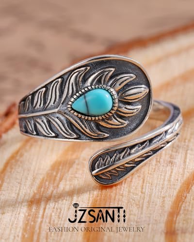 Turquoise Jewelry for Women - Sterling Silver Turquoise Rings Vintage Adjustable Sunflower Dragonfly Butterfly Spoon Ring Victorian Style Boho Antique Flower Thumb Statement Rings Jewelry Gifts for Women - color: Turquoise & Feather B