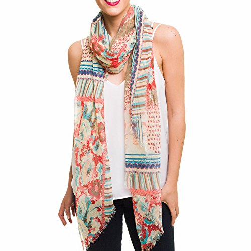 MELIFLUOS DESIGNED IN SPAIN Scarf for Women Lightweight Floral Flower Scarves for Summer Fall Shawl Wrap - color: Barcelona Collection 3 - Beige Flower Design