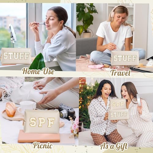 Preppy Patch Cosmetic Bags - Summer 2P White STUFF SPF Chenille Letter Makeup Bag, PU leather Travel Toiletry Kit Portable Waterproof Pouch Zipper Clutch, Holiday Party Gifts for Women Girls - color: White, style: Stuff Spf White