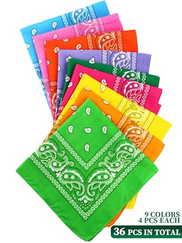 Unittype 36 Pieces Paisley Bandana Cowboy Bandanas Sports Novelty Headband Square Scarf Outdoor for Western Party Costume - color: Assorted Neon Color, style: Simple Style