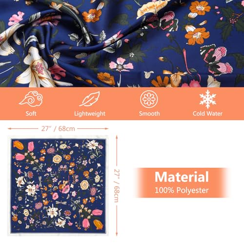 Stlvoll 27.5" Silk Neck Scarf of Women's Fashion Head Scarf Square Neck Satin Scarfs for Bag Hair Scarves Gift - color: Flower/Navy Blue